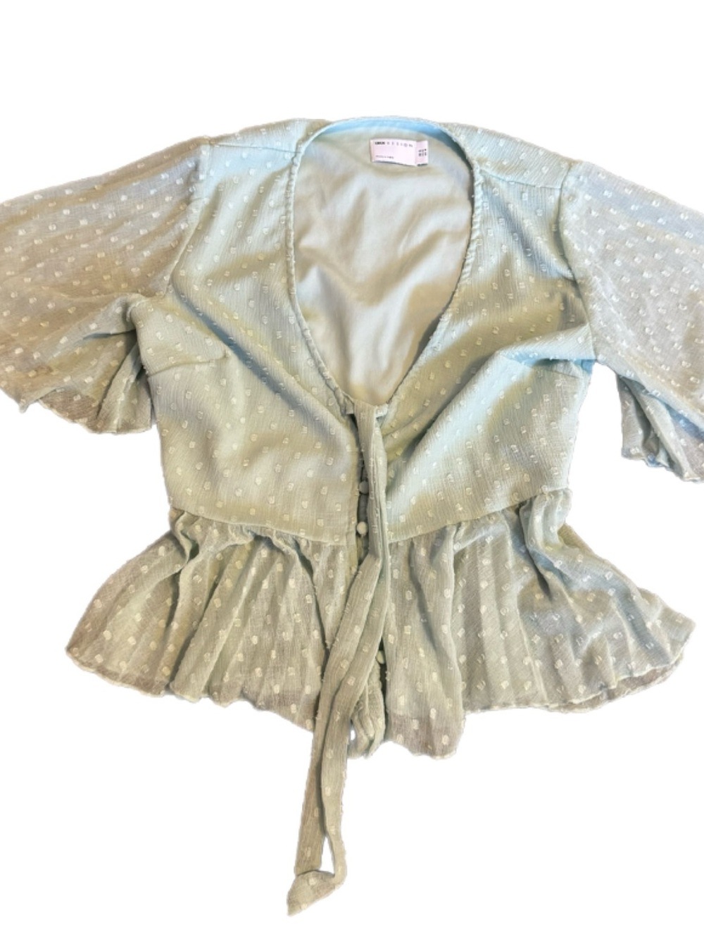 Light Green Dot Tie-Front Peplum Blouse